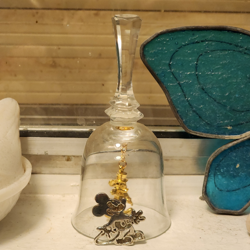 80s Vintage Glass Bell with Gold Mickey Mouse & Sterling MM Disney Pin